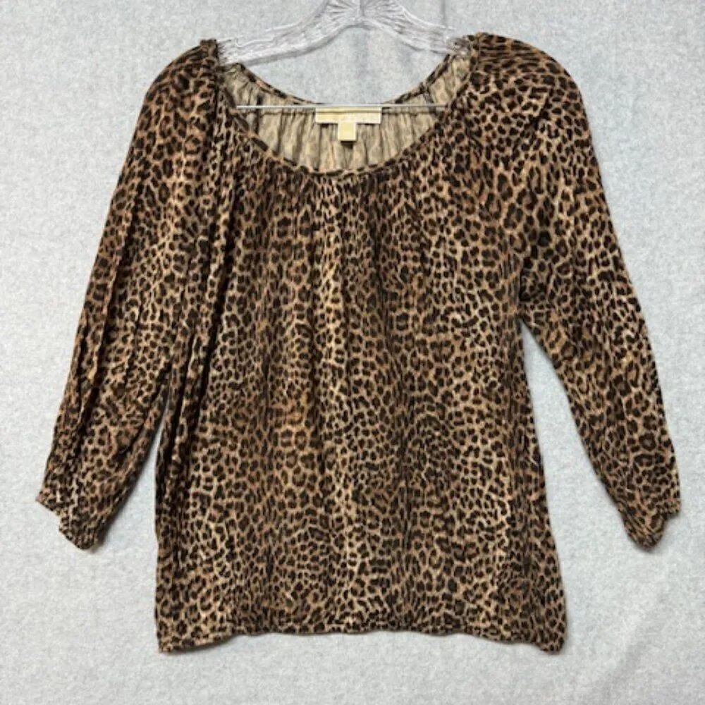 Michael Kors Persian Leopard Animal Print Peasant Top Toffee Medium